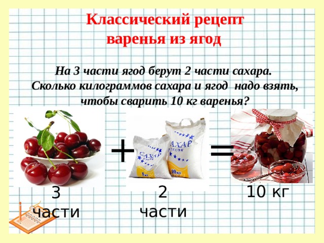 Классический  рецепт  варенья из ягод    На 3 части ягод берут 2 части сахара.  Сколько килограммов сахара и ягод надо взять, чтобы сварить 10 кг варенья? + = 10 кг 2 части 3 части