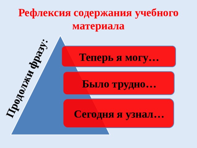  Продолжи фразу: Рефлексия содержания учебного материала Теперь я могу… Было трудно… Сегодня я узнал… 