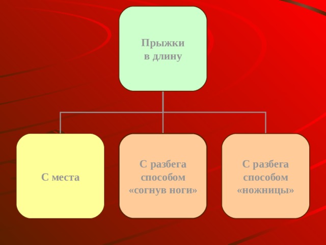 Прыжки в длину С места С разбега способом «согнув ноги» С разбега способом «ножницы» 