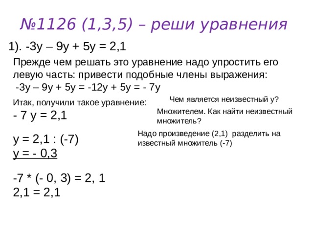 № 1126 (1,3,5) – реши уравнения 1). -3у – 9у + 5у = 2,1 Прежде чем решать это уравнение надо упростить его левую часть: привести подобные члены выражения:  -3у – 9у + 5у = -12у + 5у = - 7у Чем является неизвестный у? Итак, получили такое уравнение: - 7 у = 2,1 Множителем. Как найти неизвестный множитель? Надо произведение (2,1) разделить на известный множитель (-7) у = 2,1 : (-7) у = - 0,3 -7 * (- 0, 3) = 2, 1 2,1 = 2,1 