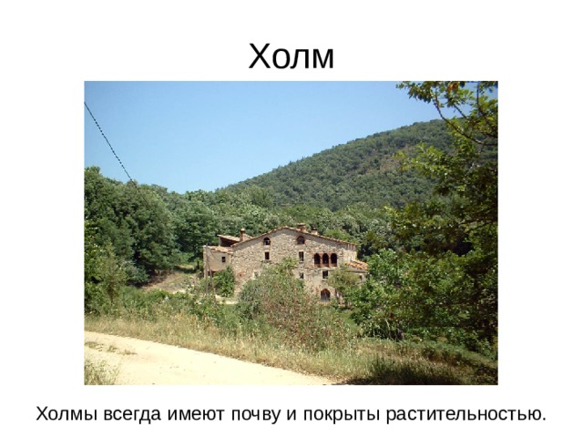 Холм Холмы всегда имеют почву и покрыты растительностью. 