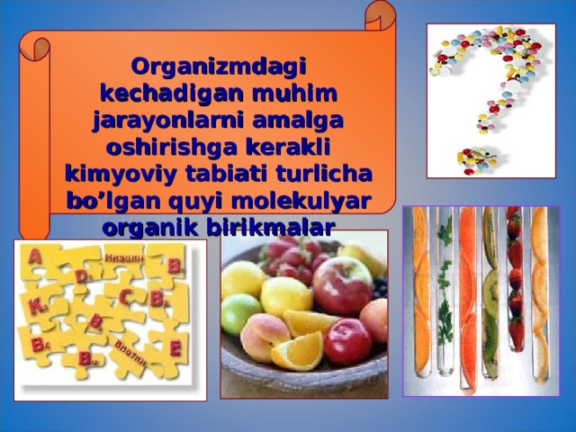 Organizmdagi kechadigan muhim jarayonlarni amalga oshirishga kerakli kimyoviy tabiati turlicha bo’lgan quyi molekulyar organik birikmalar 