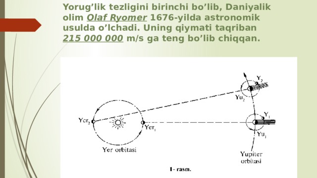 Yorug’lik tezligini birinchi bo’lib, Daniyalik olim Olaf Ryomer 1676-yilda astronomik usulda o’lchadi. Uning qiymati taqriban 215 000 000 m/s ga teng bo’lib chiqqan.