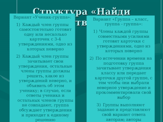 Структура «Найди неверное утверждение» Вариант «Ученик-группа»: Каждый член группы самостоятельно готовит одну или несколько карточек с 3-4 утверждениями, одно из которых неверно Каждый член группы зачитывает свои утверждения, остальные члены группы должны решить, какое из утверждений неверно, и объявить об этом ученику; в случае, если ответы ученика и остальных членов группы не совпадают, группа обсуждает утверждения и приходит к единому решению  Вариант «Группа – класс, группа - группа»: Члены каждой группы совместными усилиями готовят карточки с утверждениями, одно из которых неверно По истечении времени на подготовку группа зачитывает утверждения классу или передает карточки другой группе, с тем чтобы они выбрали неверное утверждение и прокомментировали свой выбор Группы выполняют задание и представляют свой вариант ответа авторам; авторы комментируют ответ 