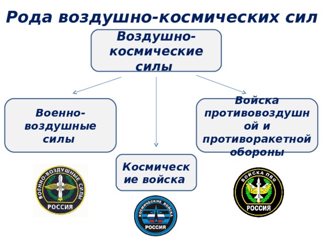 Рода воздушно-космических сил Воздушно-космические силы Военно-воздушные силы Войска противовоздушной и противоракетной обороны Космические войска 