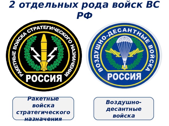 2 отдельных рода войск ВС РФ Ракетные войска стратегического назначения Воздушно-десантные войска 