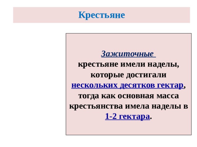 Крестьяне Зажиточные  крестьяне имели наделы, которые достигали нескольких десятков гектар , тогда как основная масса крестьянства имела наделы в 1-2 гектара . 