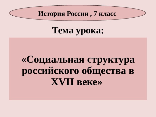 История России , 7 класс Тема урока:  «Социальная структура российского общества в XVII веке» 