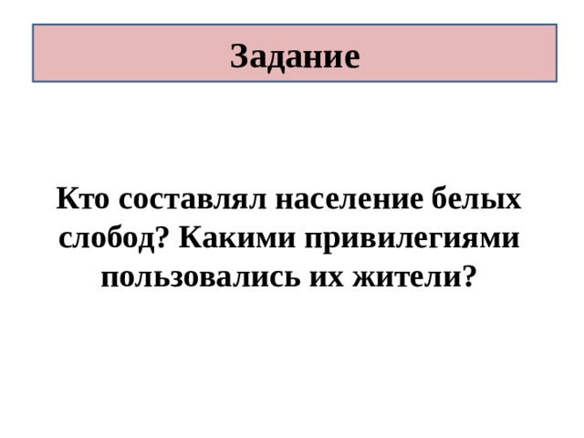 Задание Кто составлял население белых слобод? Какими привилегиями пользовались их жители?   