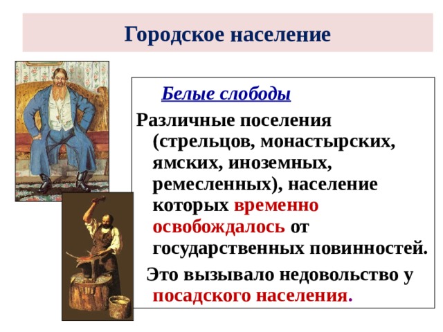 Городское население   Белые слободы Различные поселения (стрельцов, монастырских, ямских, иноземных, ремесленных), население которых временно освобождалось от государственных повинностей.  Это вызывало недовольство у посадского населения . 