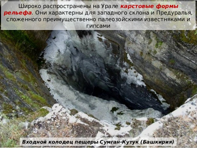 Широко распространены на Урале карстовые формы рельефа . Они характерны для западного склона и Предуралья, сложенного преимущественно палеозойскими известняками и гипсами Входной колодец пещеры Сумган-Кутук (Башкирия) 
