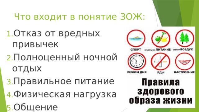 Что входит в понятие ЗОЖ: Отказ от вредных привычек Полноценный ночной отдых Правильное питание Физическая нагрузка Общение 