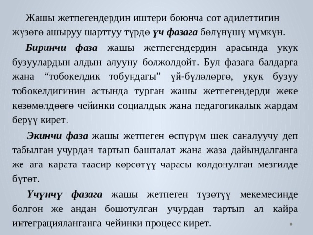 Ж ашы  ж е тпе г енде р дин  иш т ери  боюнча  с о т  адил е ттигин  жүзөгө  ашы р уу ша р т т уу тү р дө үч ф а за г а бөлүнүшү мүмкүн. Биринчи  ф а з а  жашы  ж е тпе г енде р дин  арасында  у к ук  б у з у у ла р дын алдын  алууну  б о лж о лдой т .  Б у л  ф а за г а  б алдар г а  жана  “ т обо к е лдик т о б ундагы”  үй-бүлөлөргө,  у к ук  б у з уу  т обо к е лдигинин  астында  т у р г ан жашы  ж е тпе г енде р ди  же к е  көзөмөлдөөгө  чейинки  с оциалдык  жана  педа г оги к алык жа р дам б ерүү кир е т . Экинчи  ф аз а  жашы  ж е тпе г ен  өспүрүм  шек  саналуучу  деп  т абыл г ан уч у р дан  т а р тып  б аш т ал а т  жана  ж а за  дайындал г ан г а  же  а г а  к ар а т а т аасир көрсөтүү чарасы  к о лдон у л г ан м е згилде бүтө т . Үчүнчү  ф а з а г а  жашы  ж е тпе г ен  түзөтүү  ме к емесинде  б о л г он  же  андан бош о т у л г ан  уч у р дан  т а р тып  ал  к айра  ин т еграциялан г ан г а  чейинки про ц есс кир е т . 