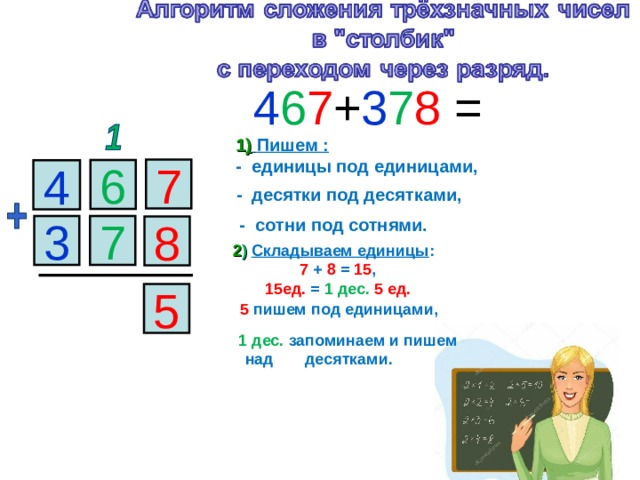 4 6 7 + 3 7 8 = 1 )  Пишем :  - единицы под единицами, 7 6 4 - десятки под десятками,   - сотни под сотнями. 3 7 8 2 )  Складываем единицы :   7  +  8 = 15 ,    15ед. = 1 дес. 5 ед.  5 5  пишем под единицами,  1 дес. запоминаем и пишем над десятками. 