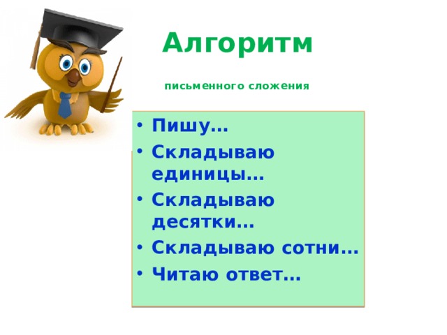  Алгоритм  письменного сложения  Пишу… Складываю единицы… Складываю десятки… Складываю сотни… Читаю ответ… 