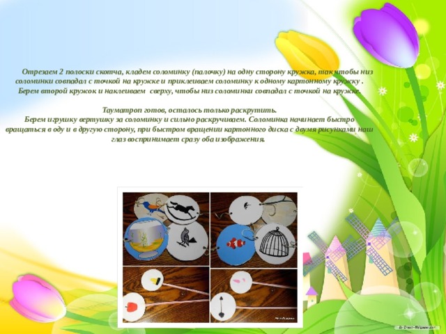  Отрезаем 2 полоски скотча, кладем соломинку (палочку) на одну сторону кружка, так чтобы низ соломинки совпадал с точкой на кружке и приклеиваем соломинку к одному картонному кружку . Берем второй кружок и наклеиваем сверху, чтобы низ соломинки совпадал с точкой на кружке.   Тауматроп готов, осталось только раскрутить.  Берем игрушку вертушку за соломинку и сильно раскручиваем. Соломинка начинает быстро вращаться в оду и в другую сторону, при быстром вращении картонного диска с двумя рисунками наш глаз воспринимает сразу оба изображения.   