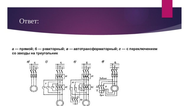 Ответ: а  — прямой; б — реакторный;  в  — автотрансформаторный;  г  — с переключением со звезды на треугольник 