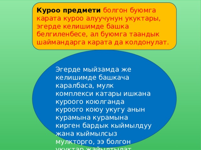 Куроо предмети болгон буюмга карата куроо алуучунун укуктары, эгерде келишимде башка белгиленбесе, ал буюмга таандык шаймандарга карата да колдонулат. Эгерде мыйзамда же келишимде башкача каралбаса, мулк комплекси катары ишкана куроого коюлганда куроого коюу укугу анын курамына курамына кирген бардык кыймылдуу жана кыймылсыз мулкторго, ээ болгон укуктар жайылтылат. 