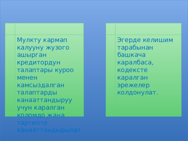 Мулкту кармап калууну жузого ашырган кредитордун талаптары куроо менен камсыздалган талаптарды канааттандыруу учун каралган коломдо жана тартипте канааттандырылат. Эгерде келишим тарабынан башкача каралбаса, кодексте каралган эрежелер колдонулат. 