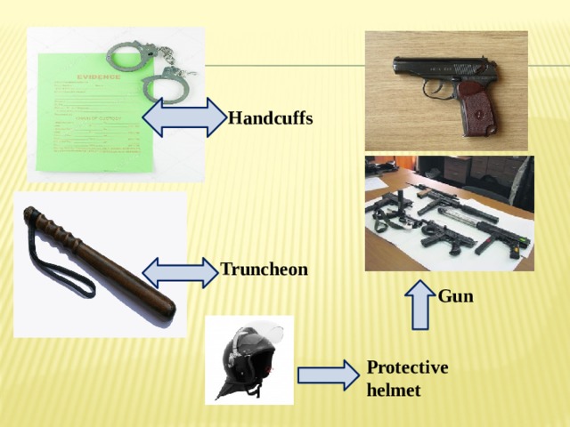Handcuffs Truncheon  Gun Protective helmet 
