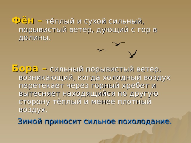 Виды ветров: Днём бриз  дует с моря на сушу,  а ночью – с суши на море. 