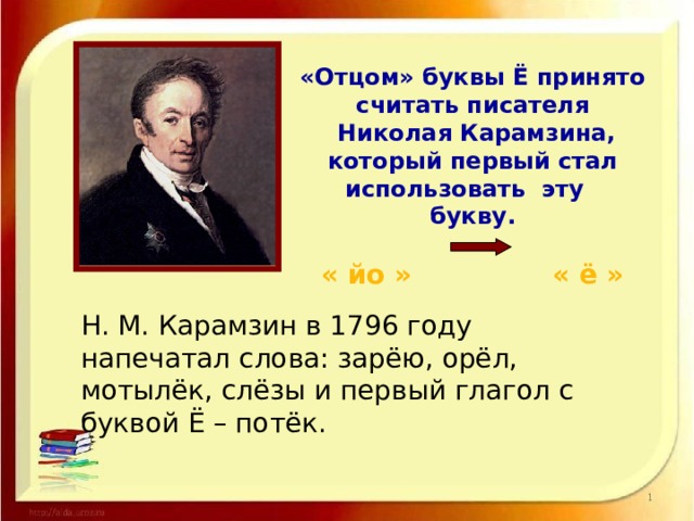  «Отцом» буквы Ё принято считать писателя  Николая Карамзина, который первый стал использовать эту букву.  « йо » « ё » Н. М. Карамзин в 1796 году напечатал слова: зарёю, орёл, мотылёк, слёзы и первый глагол с буквой Ё – потёк. 