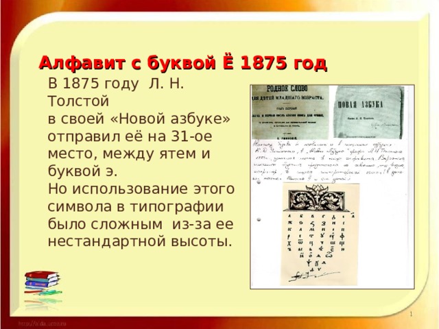 Алфавит с буквой Ё 1875 год В 1875 году Л. Н. Толстой в своей «Новой азбуке» отправил её на 31-ое место, между ятем и буквой э. Но использование этого символа в типографии было сложным из-за ее нестандартной высоты.  