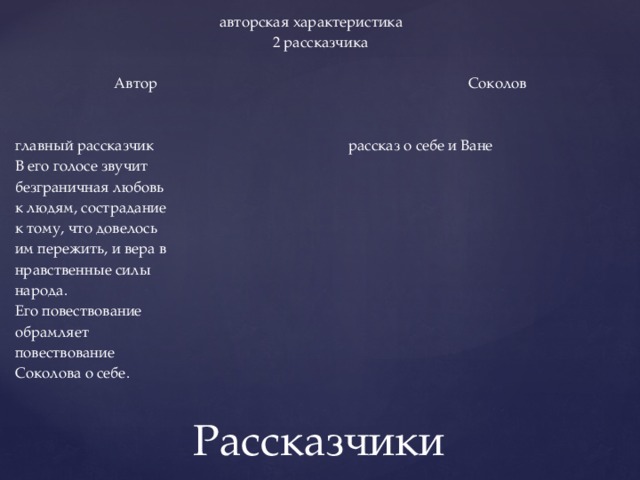 авторская характеристика  2 рассказчика Автор  Соколов   главный рассказчик рассказ о себе и Ване  В его голосе звучит безграничная любовь к людям, сострадание к тому, что довелось им пережить, и вера в нравственные силы народа. Его повествование обрамляет повествование Соколова о себе. Рассказчики 