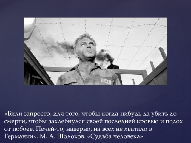 «Били запросто, для того, чтобы когда-нибудь да убить до смерти, чтобы захлебнулся своей последней кровью и подох от побоев. Печей-то, наверно, на всех не хватало в Германии». М. А. Шолохов. «Судьба человека». 