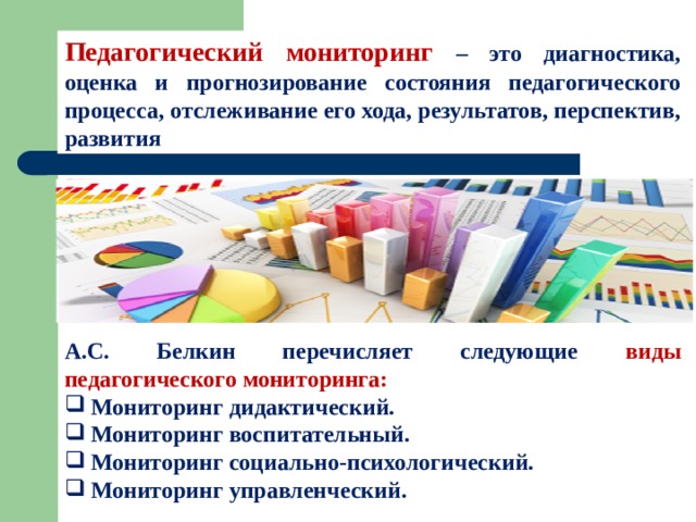 Педагогический мониторинг – это диагностика, оценка и прогнозирование состояния педагогического процесса, отслеживание его хода, результатов, перспектив, развития А.С. Белкин перечисляет следующие виды педагогического мониторинга: Мониторинг дидактический. Мониторинг воспитательный. Мониторинг социально-психологический. Мониторинг управленческий. 