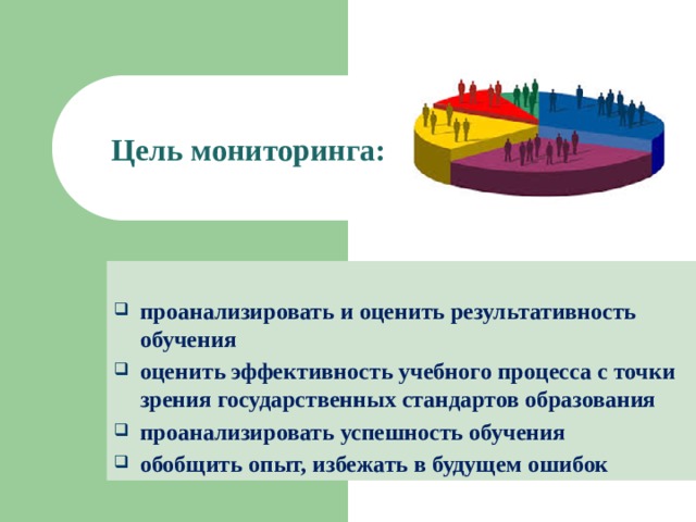 Цель мониторинга: проанализировать и оценить результативность обучения оценить эффективность учебного процесса с точки зрения государственных стандартов образования проанализировать успешность обучения обобщить опыт, избежать в будущем ошибок 