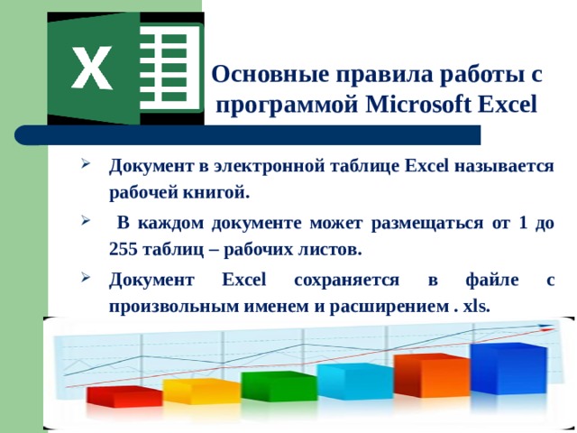 Основные правила работы с программой Microsoft Excel Документ в электронной таблице Excel называется рабочей книгой.  В каждом документе может размещаться от 1 до 255 таблиц – рабочих листов. Документ Excel сохраняется в файле с произвольным именем и расширением . xls. 