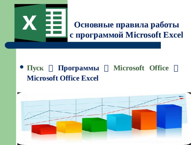 Основные правила работы  с программой Microsoft Excel Пуск  Программы   Microsoft Office  Microsoft Office Excel 