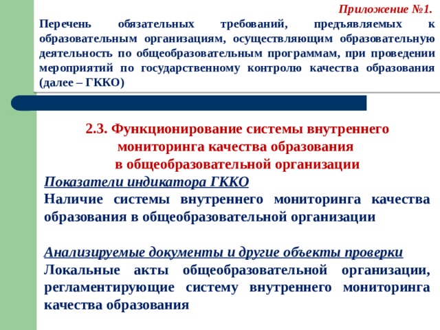 Приложение №1. Перечень обязательных требований, предъявляемых к образовательным организациям, осуществляющим образовательную деятельность по общеобразовательным программам, при проведении мероприятий по государственному контролю качества образования (далее – ГККО)   2.3. Функционирование системы внутреннего мониторинга качества образования в общеобразовательной организации Показатели индикатора ГККО Наличие системы внутреннего мониторинга качества образования в общеобразовательной организации  Анализируемые документы и другие объекты проверки Локальные акты общеобразовательной организации, регламентирующие систему внутреннего мониторинга качества образования  