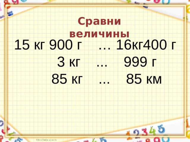 Сравни величины 15 кг 900 г … 16кг400 г  3 кг ... 999 г  85 кг ... 85 км 