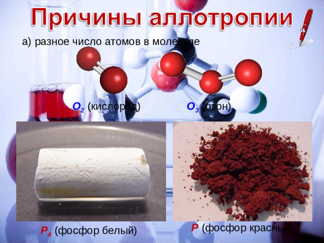 а) разное число атомов в молекуле О 2 (кислород) О 3 (озон) Р (фосфор красный) Р 4 (фосфор белый) 