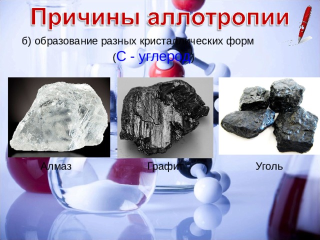 б) образование разных кристаллических форм ( С - углерод ) Алмаз Графит Уголь 