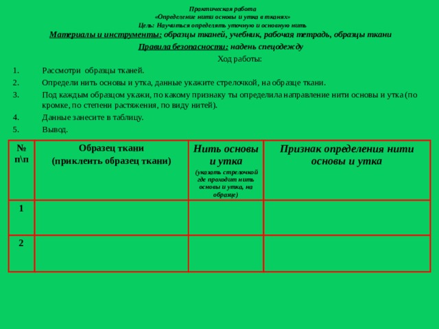 Практическая работа  «Определение нити основы и утка в тканях»  Цель: Научиться определять уточную и основную нить Материалы и инструменты: образцы тканей, учебник, рабочая тетрадь, образцы ткани Правила безопасности: надень спецодежду  Ход работы: Рассмотри образцы тканей. Определи нить основы и утка, данные укажите стрелочкой, на образце ткани. Под каждым образцом укажи, по какому признаку ты определила направление нити основы и утка (по кромке, по степени растяжения, по виду нитей). Данные занесите в таблицу. Вывод. № п\п Образец ткани 1 Нить основы и утка 2 (приклеить образец ткани) Признак определения нити основы и утка  (указать стрелочкой где проходит нить основы и утка, на образце)  