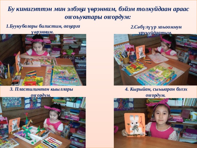 Бу кинигэттэн мин элбэҕи үөрэнним, бэйэм толкуйдаан араас оҥоһуктары оҥордум:  1.Буукубалары билистим, ааҕарга үөрэнним .  2.Сөбүлүүр хоһооммун уруһуйдаатым.  3. Пластилинтан кыыллары оҥордум.  4. Кырыйан, сыһыаран бэлэх оҥордум.  