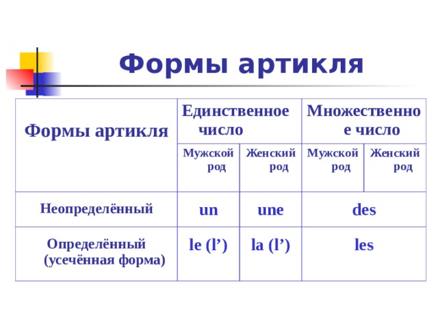 Формы артикля  Формы артикля Единственное число Мужской род  Неопределённый Множественное число  un Женский род  Определённый (усечённая форма)  le (l’) Мужской род  une  des Женский род  la (l’)  les 