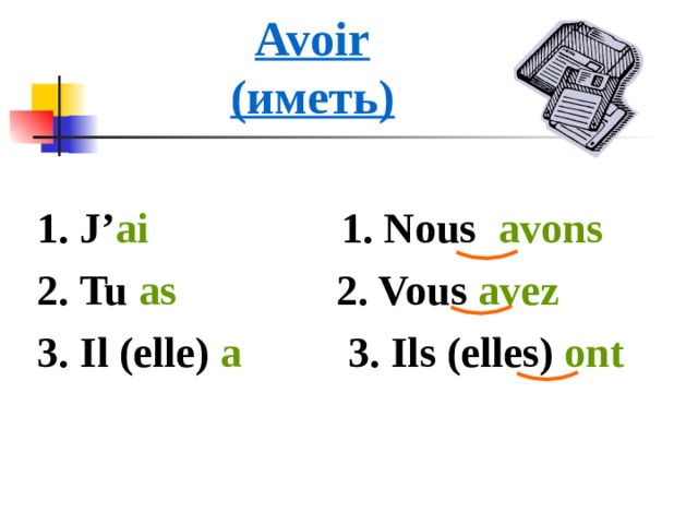 Avoir  (иметь) 1. J’ ai  1. Nous avons 2. Tu as 2. Vous avez 3. Il (elle) a 3. Ils (elles) ont  