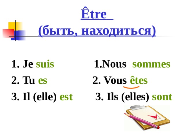 Être   (быть, находиться) 1. Je suis 1.Nous sommes 2. Tu es 2. Vous ê tes  3. Il (elle) est 3. Ils (elles) sont  