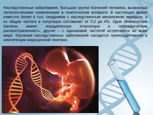 Наследственные заболевания. Большая группа болезней человека, вызванных патологическими изменениями в генетическом аппарате. В настоящее время известно более 6 тыс. синдромов с наследственным механизмом передачи, а их общая частота в популяции составляет от 0,2 до 4%. Одни генетические болезни имеют определенную этническую и географическую распространенность, другие – с одинаковой частотой встречаются во всем мире. Изучение наследственных заболеваний находится преимущественно в компетенции медицинской генетики. 