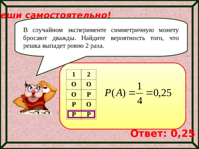 Реши самостоятельно! В случайном эксперименте симметричную монету бросают дважды. Найдите вероятность того, что решка выпадет ровно 2 раза. 1 О 2 О О Р Р Р О Р Ответ: 0,25 