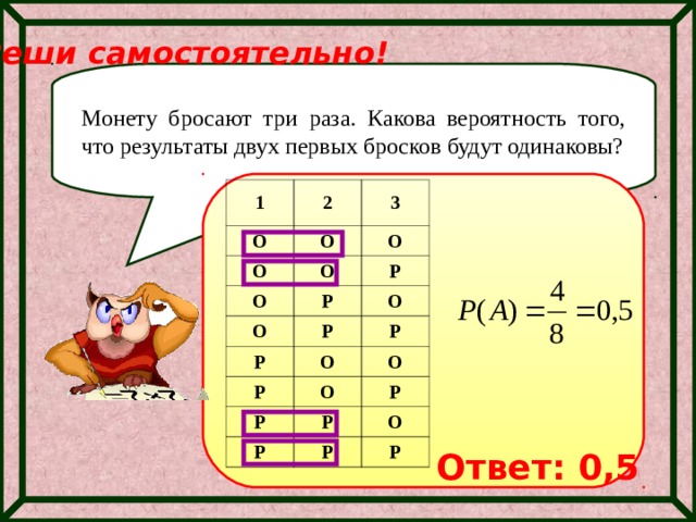 Реши самостоятельно! Монету бросают три раза. Какова вероятность того, что результаты двух первых бросков будут одинаковы? 1 2 О О О 3 О О О Р Р О Р Р О Р О Р О О Р Р Р Р Р О Р Ответ: 0,5 