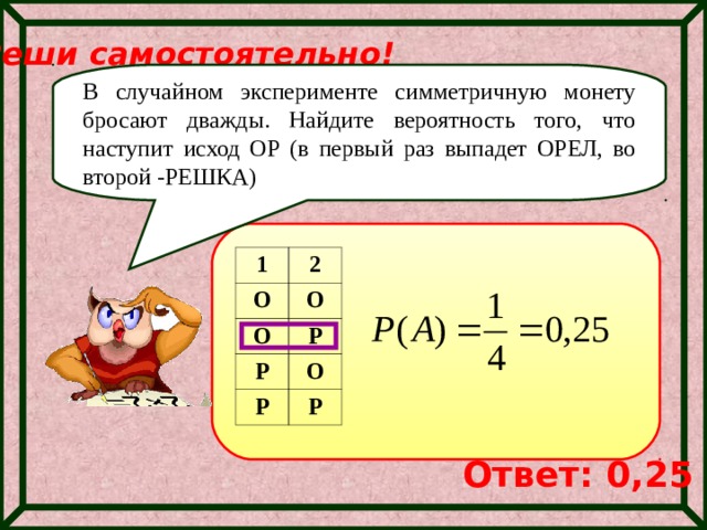 Реши самостоятельно! В случайном эксперименте симметричную монету бросают дважды. Найдите вероятность того, что наступит исход ОР (в первый раз выпадет ОРЕЛ, во второй -РЕШКА) 1 О 2 О О Р Р Р О Р Ответ: 0,25 