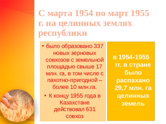 С марта 1954 по март 1955 г. на целинных землях республики   было образовано 337 новых зерновых совхозов с земельной площадью свыше 17 млн. га, в том числе с пахотно-пригодной – более 10 млн.га. К концу 1955 года в Казахстане действовал 631 совхоз в 1954-1955 гг. в стране было распахано 29,7 млн. га целинных земель 
