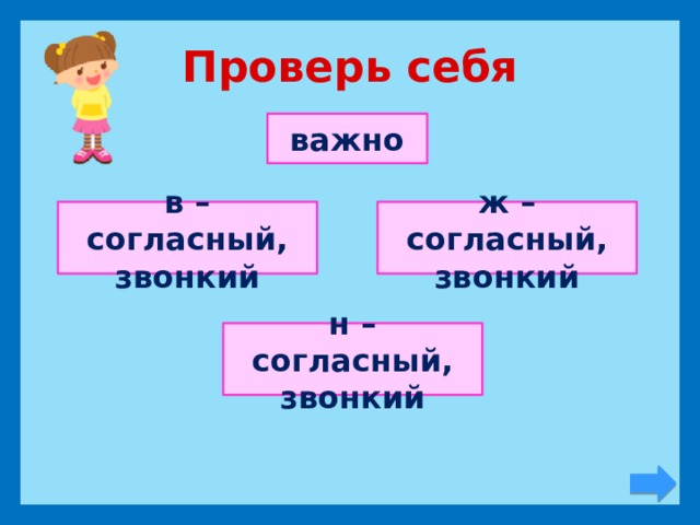 Проверь себя важно в – согласный, звонкий ж – согласный, звонкий н – согласный, звонкий 