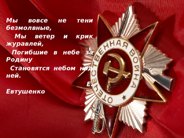 Мы вовсе не тени безмолвные,  Мы ветер и крик журавлей,  Погибшие в небе за Родину  Становятся небом над ней.        Е. Евтушенко