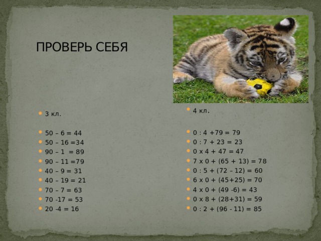 ПРОВЕРЬ СЕБЯ 4 кл . 0 : 4 +79 = 79 0 : 7 + 23 = 23 0 x 4 + 47 = 47 7 x 0 + (65 + 13) = 78 0 : 5 + (72 – 12) = 60 6 x 0 + (45+25) = 70 4 x 0 + (49 -6) = 43 0 x 8 + (28+31) = 59 0 : 2 + (96 - 11) = 85 3 кл. 50 – 6 = 44 50 – 16 =34 90 – 1 = 89 90 – 11 =79 40 – 9 = 31 40 – 19 = 21 70 – 7 = 63 70 -17 = 53 20 -4 = 16 